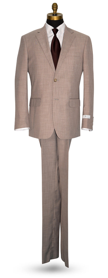 Life size mannequin wearing a biscotti brown color men's 2 piece suit with a long brown necktie against a white background.