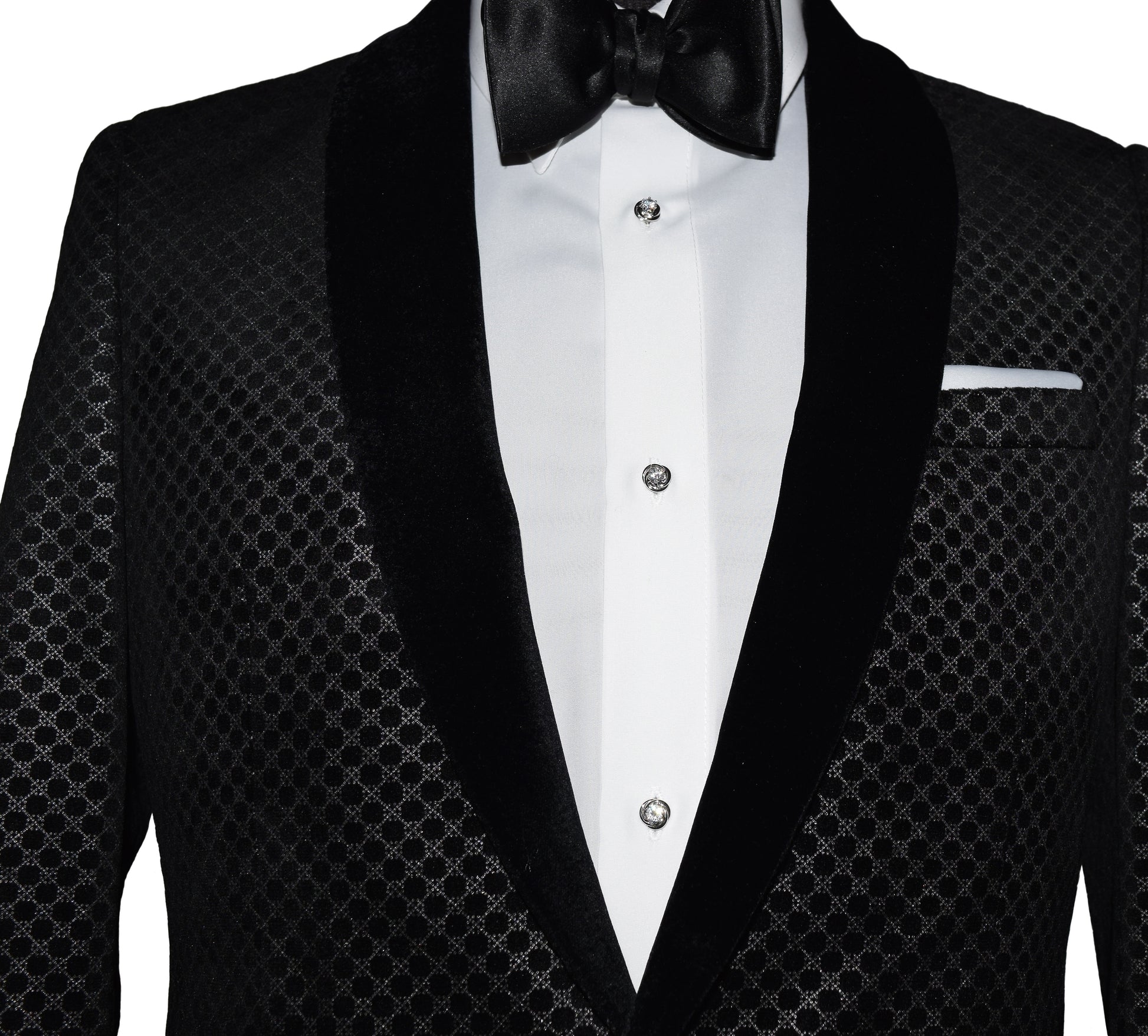 Black velvet shawl collar tuxedo with white shirt and bow tie and crystal studs and cufflinks on a white background