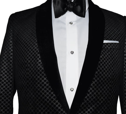 Black velvet shawl collar tuxedo with white shirt and bow tie and crystal studs and cufflinks on a white background