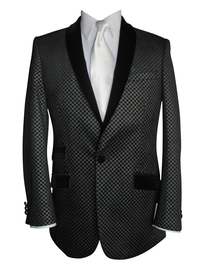 Black shawl collar tuxedo jacket with white dress shirt and white necktie on a white background