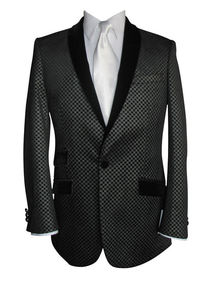 Black shawl collar tuxedo jacket with white dress shirt and white necktie on a white background