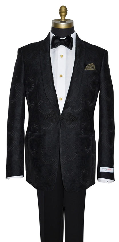 close up front view of mannequin wearing Black shawl collar dinner jacket with brocade pattern shown with white tuxedo shirt and black bow tie on a white background