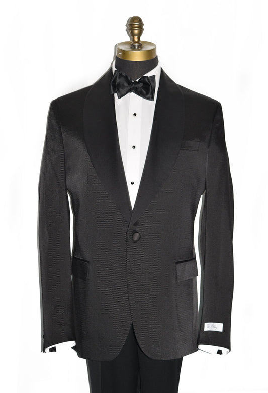 close-up front view mannequin wearing a black shawl collar tuxedo with slight texture fabric with a white tuxedo shirt and black satin bowtie.
