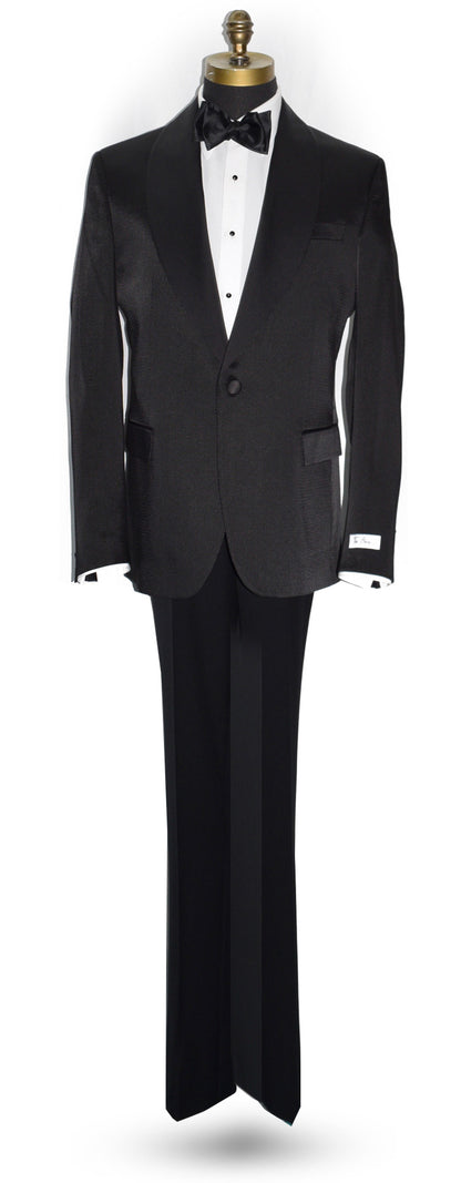 full length mannequin wearing a black shawl collar tuxedo with slight texture fabric with a white tuxedo shirt and black satin bowtie.