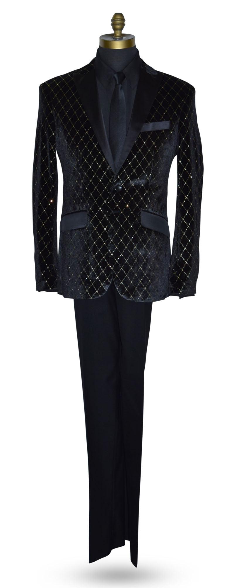 black velvet tuxedo on a mannequin with a black tuxedo shirt and long black dress tie