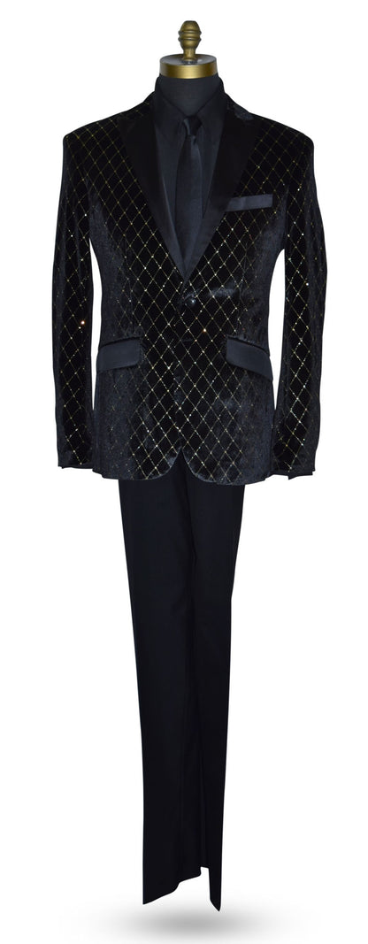 black velvet tuxedo on a mannequin with a black tuxedo shirt and long black dress tie
