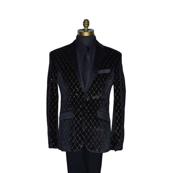 close-up black velvet tuxedo on a mannequin with a black tuxedo shirt and long black dress tie