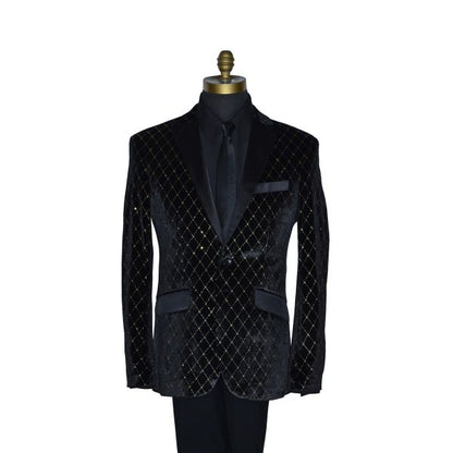 close-up black velvet tuxedo on a mannequin with a black tuxedo shirt and long black dress tie