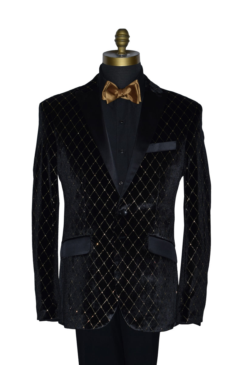 close-up Black velvet jacket with gold diamonds shown with black pants with a gold bow tie on a mannequin against a white background