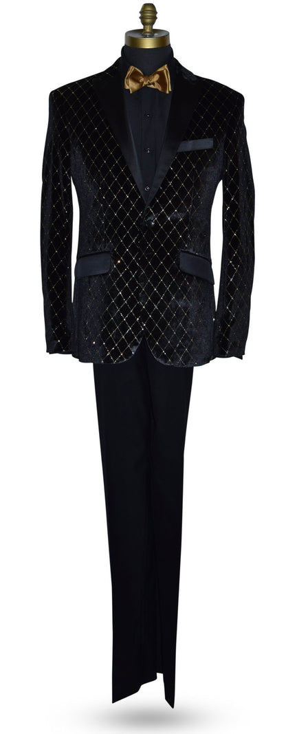 Black velvet jacket with gold diamonds shown with black pants with a gold bow tie on a mannequin against a white background