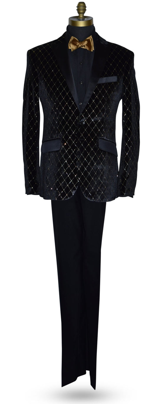 Black velvet jacket with gold diamonds shown with black pants with a gold bow tie on a mannequin against a white background