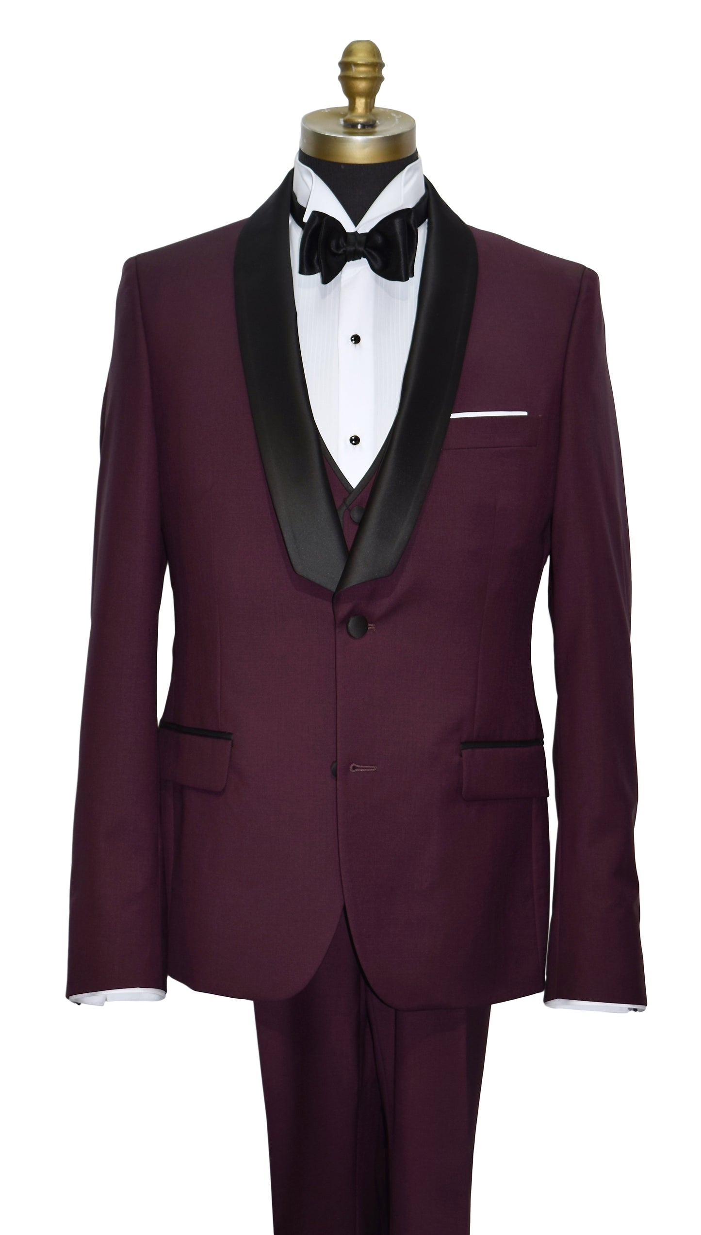 close-up mannequin wearing a Burgundy shawl collar tuxedo with black lapels, a white wing collar tuxedo shirt with a black satin bowtie and the matching burgundy vest against a white background