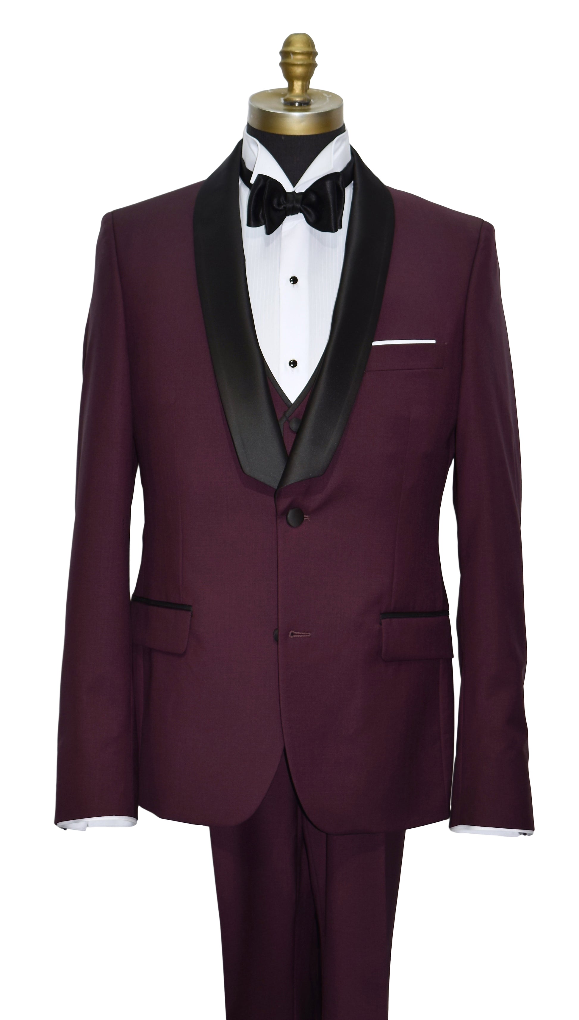 close-up mannequin wearing a Burgundy shawl collar tuxedo with black lapels, a white wing collar tuxedo shirt with a black satin bowtie and the matching burgundy vest against a white background