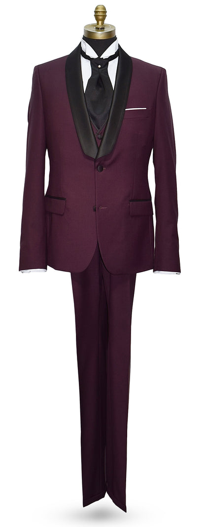 Burgundy shawl collar tuxedo wearing a black ascot and matching burgundy vest