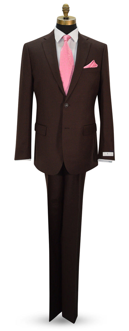 life size mannequin wearing a chocolate brown men's lightweight wool suit with a white dress shirt and a pink necktie and pocket handkerchief against a white background