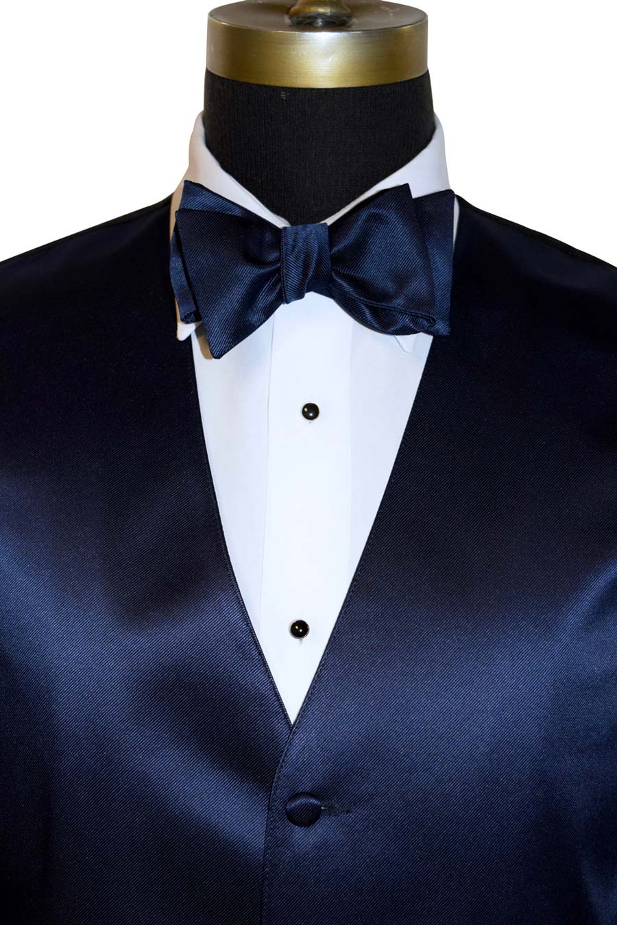 close-up marine-blue tuxedo vest and "tie-yourself" bowtie on a mannequin against a white background 