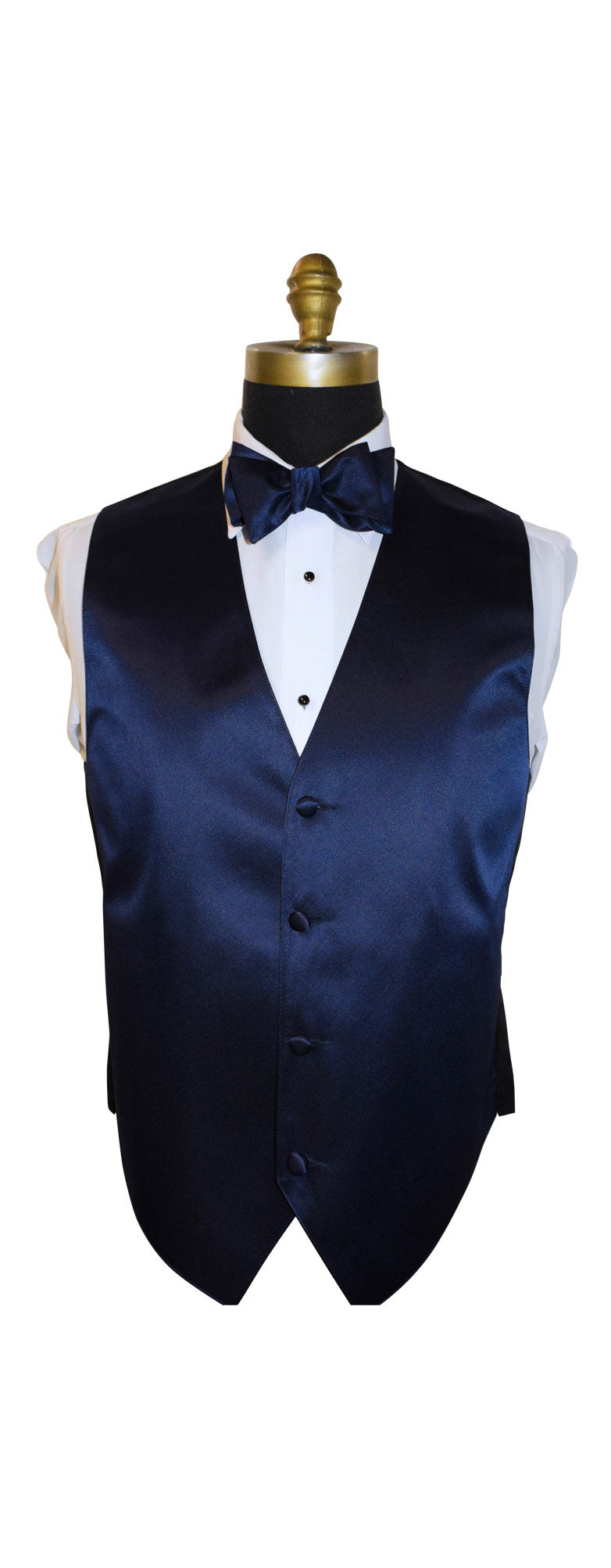 Marine blue vest with a marine-blue "tie-yourself" bow tie on a mannequin against a white background