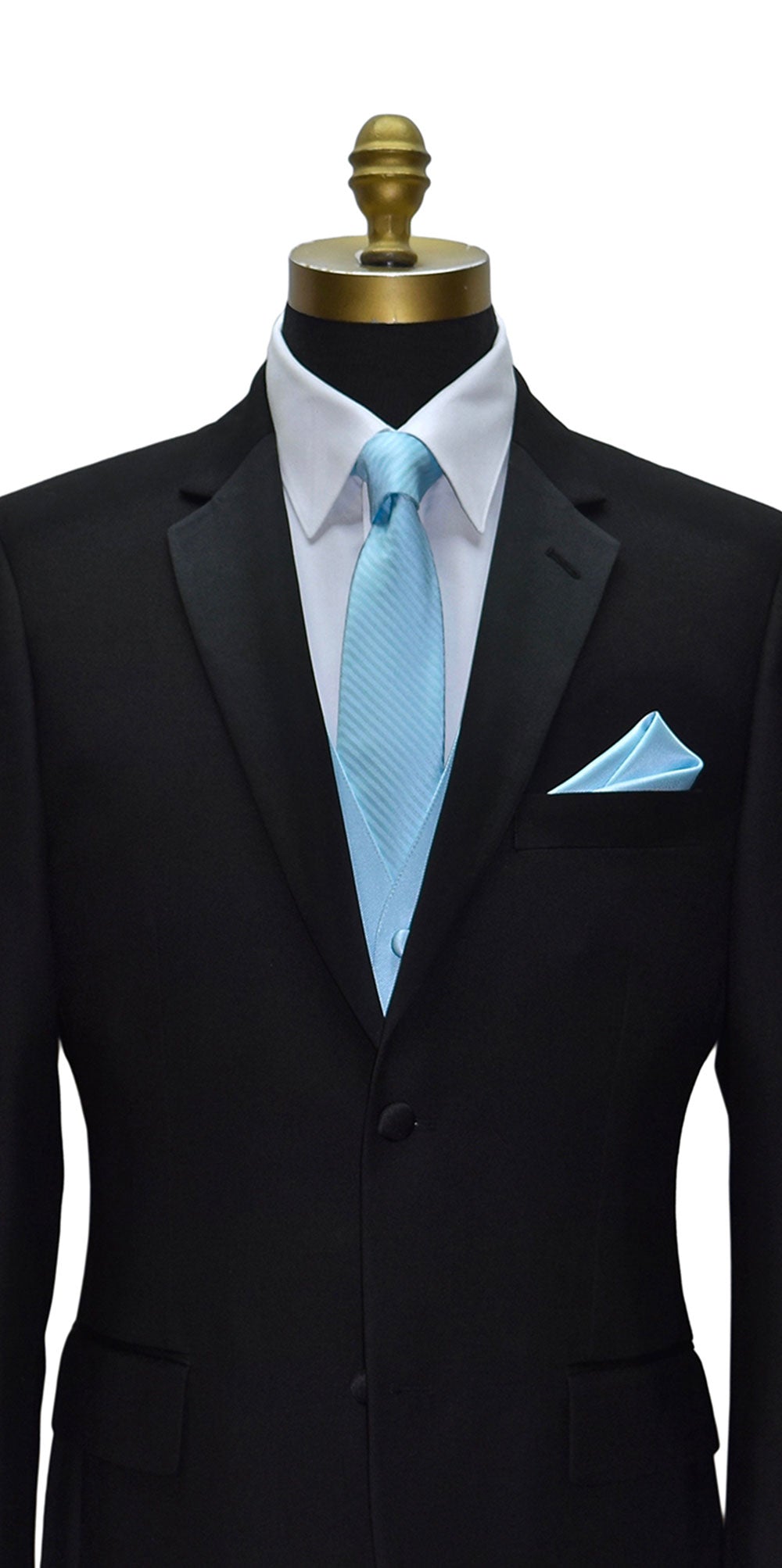 Black tuxedo suit with capri-blue necktie with subtle stripe and pocket square on a mannequin against a white background