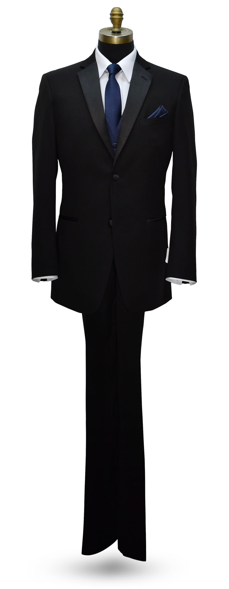 life-size mannequin wearing a black notch-lapel tuxedo with a marine-blue striped necktie and marine-blue tuxedo vest against a white background