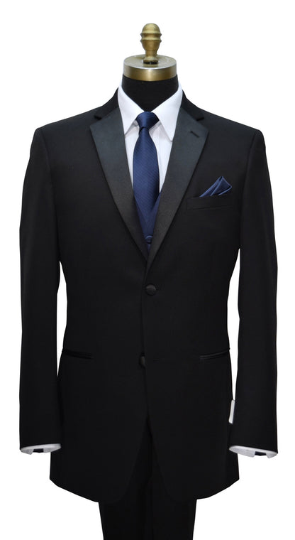 Black notch lapel tuxedo with a marine-blue necktie and a marine-blue tuxedo vest and pocket square on a mannequin against a white background