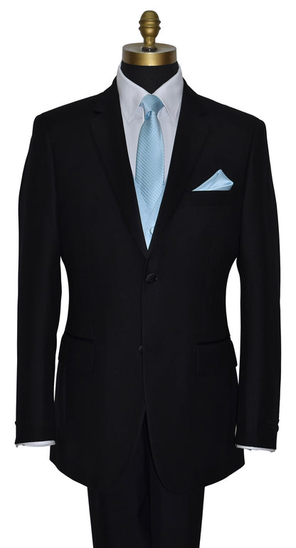 Black wedding suit with capri-blue subtle striped necktie and pocket square on a mannequin against a white background