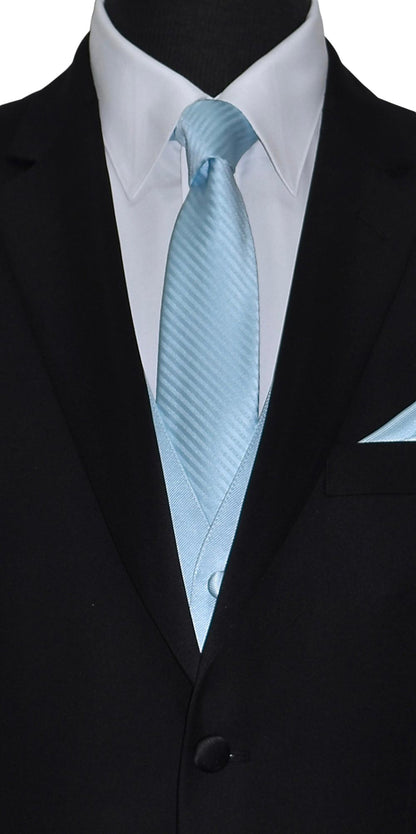 Black suit with a striped capri-blue necktie and pocket square on a white background
