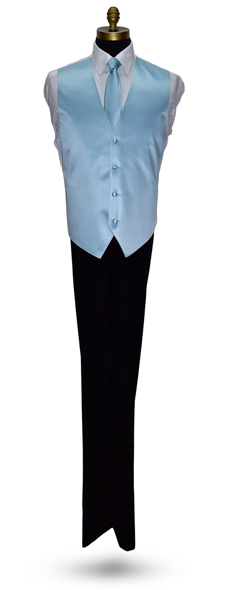 full size mannequin wearing a white dress shirt with black tuxedo pants and a capri-blue necktie with stripe and a capri-blue satin vest against a white background