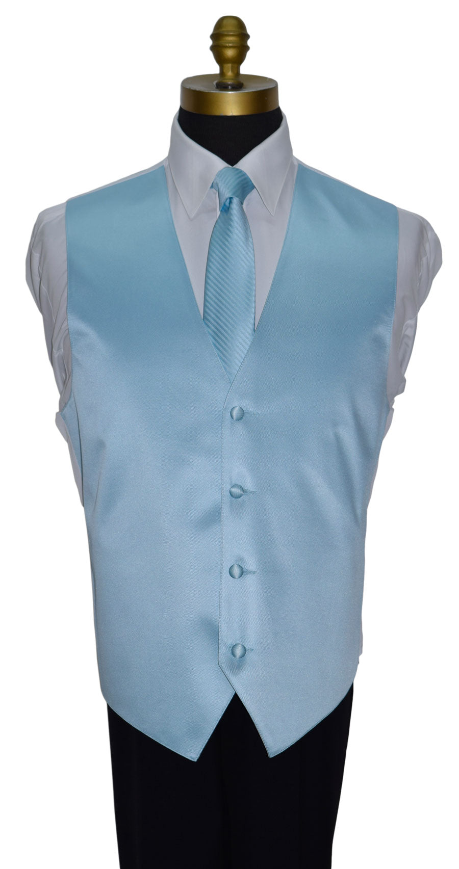 mannequin wearing a capri-blue satin vest and a capri-blue necktie with subtle stripe against a white background