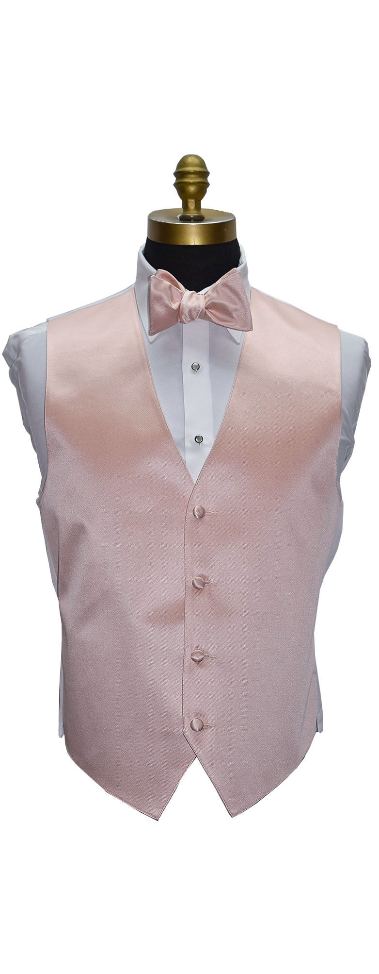 mannequin wearing a blush "tie-yourself" bowtie mand vest against a white background