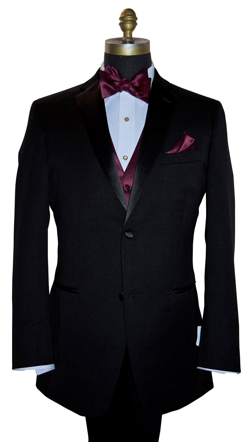 mannequin wearing a black notch-lapel tuxedo with a wine tuxedo vest and a wine "self-tie" bowtie and pocket handkercheif against a white background 