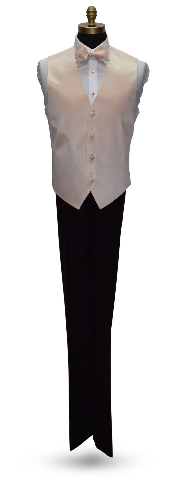 life size mannequin wearing a nude vest and "tie-yourself" bowtie against a white background
