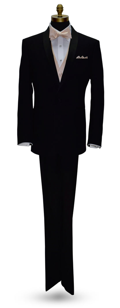 life size full mannequin a black shawl collar tuxedo with a  nude tuxedo vest and a nude "tie-yourself" bowtie against a white background