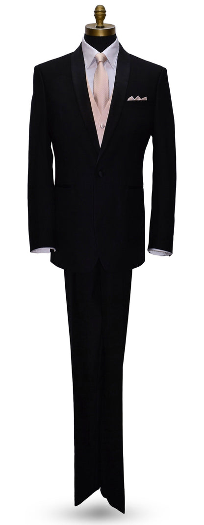 full size mannequin with a black suit wearing a white dress shirt and a nude color striped necktie against a white background