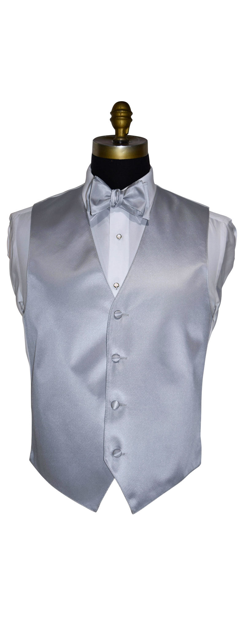 Silver vest and bow tie set on a mannequin against a white background