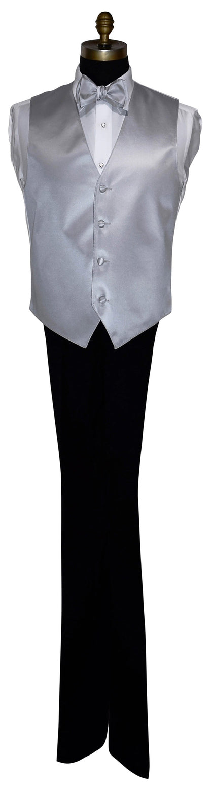 life size mannequin wearing a white tuxedo shirt with a silver tuxedo vest and silver bowtie with black tuxedo pants against a white background