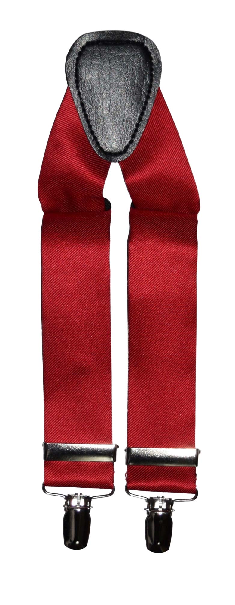 Red satin uspenders with silver clips on a white background