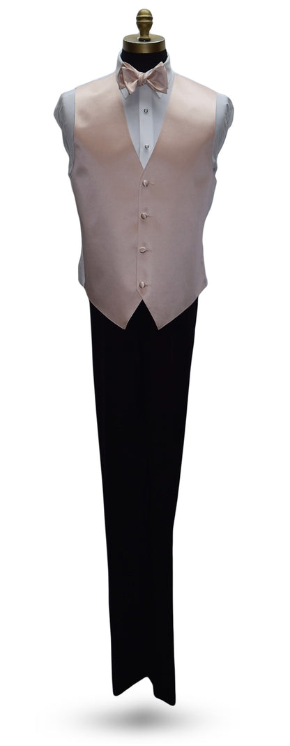 life size mannequin wearing a white dress shirt with a petal tuxedo vest and a petal "self-tie" bowtie with black tuxedo pants against a white background