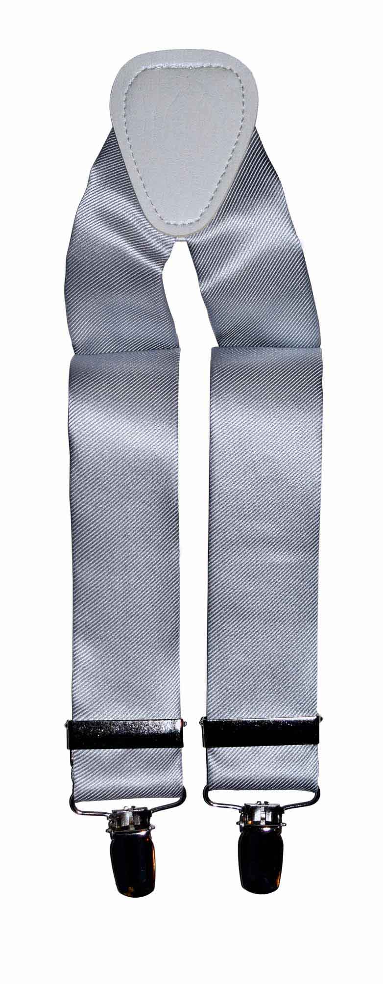 silver satin suspenders with clips on a white background