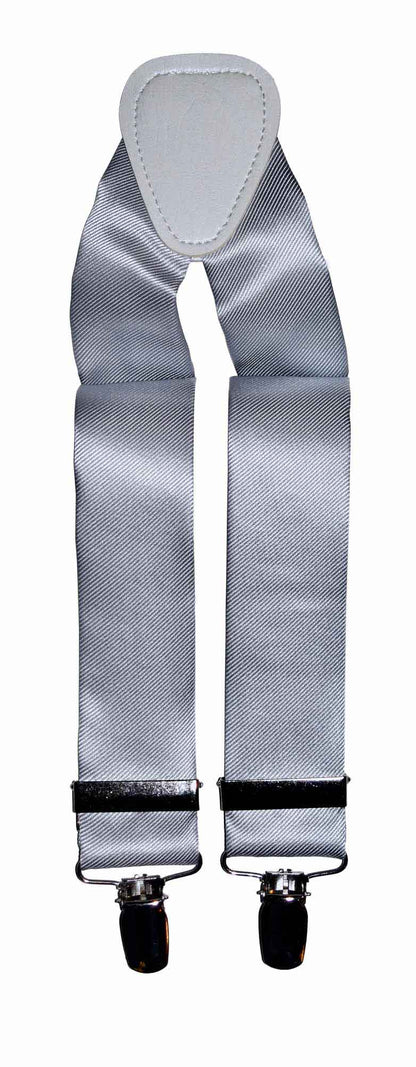 silver satin suspenders with clips on a white background