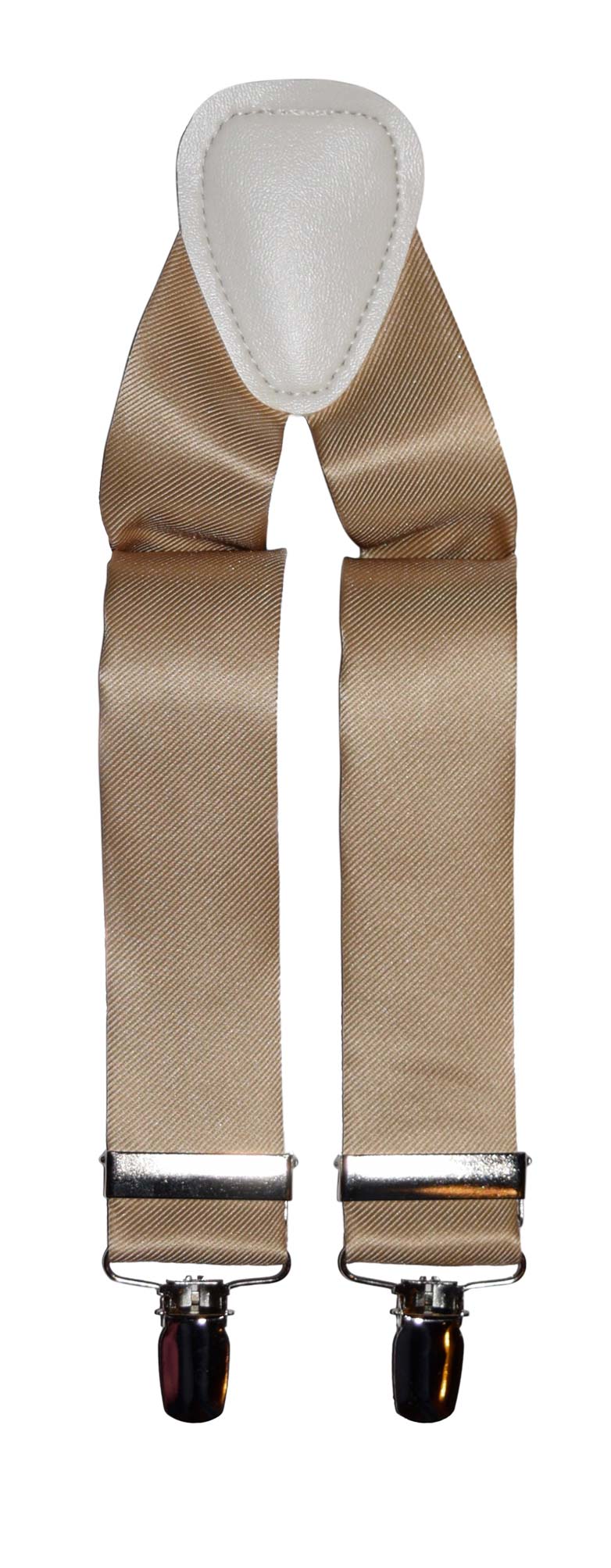 Gold satin suspenders with silver clips on a white background