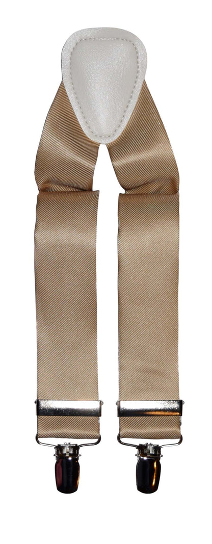 Gold satin suspenders with silver clips on a white background
