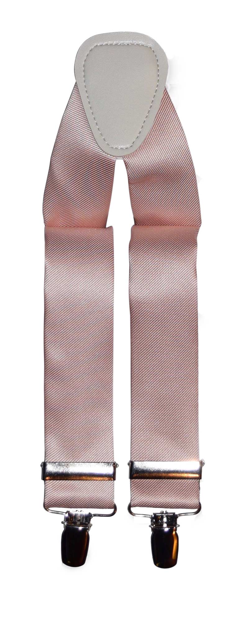 Blush satin suspenders with clips on a white background