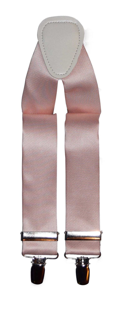 Blush satin suspenders with clips on a white background