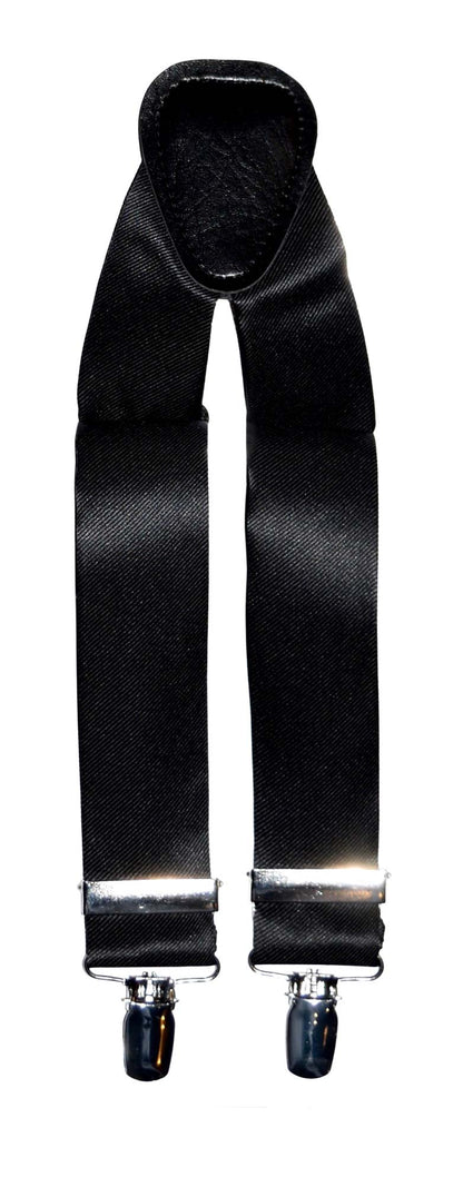 Black satin suspenders with silver clips on a white background