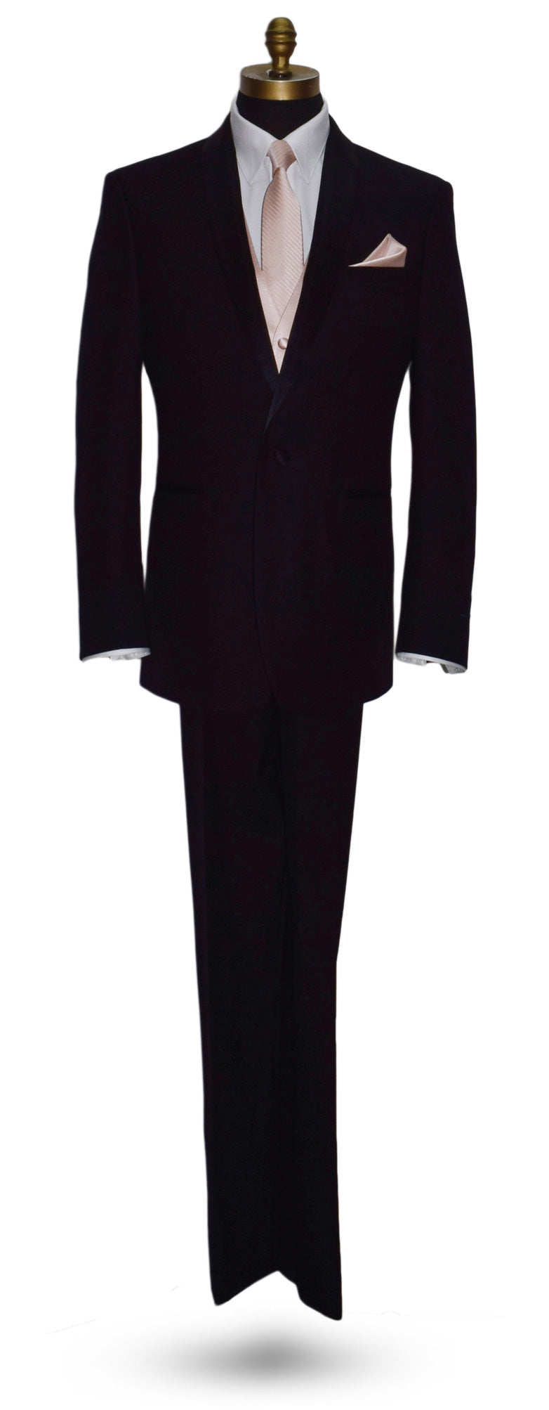 life size black tuxedo with white shirt and petal necktie with subtle stripe against white background