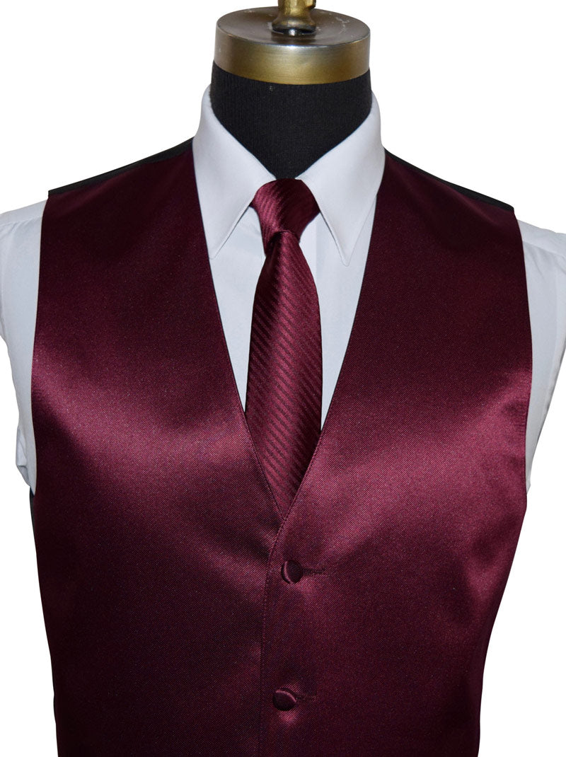 mannequin wearing a white tuxedo shirt with a wine tuxedo vest and wine subtle-stripe long necktie against a white background