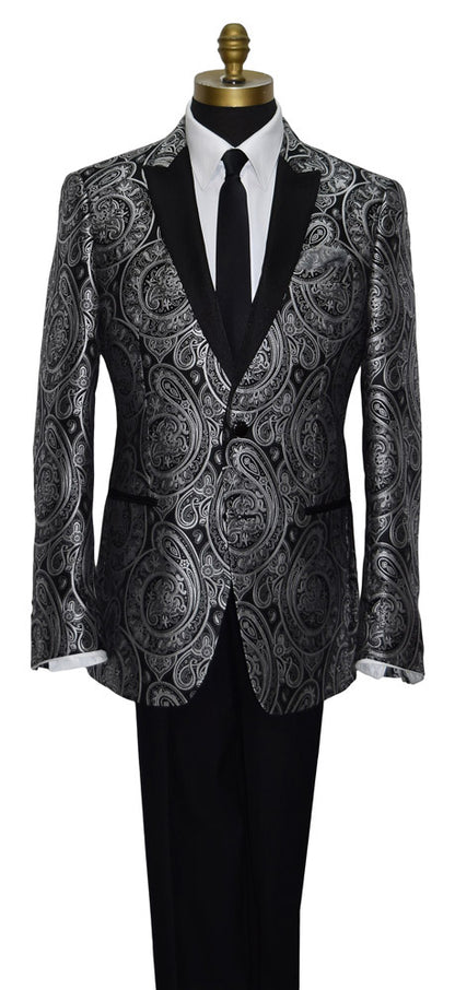 Mannequin wearing a gray paisley tuxedo jacket with a white shirt and a black satin skinny dress tie against a white background