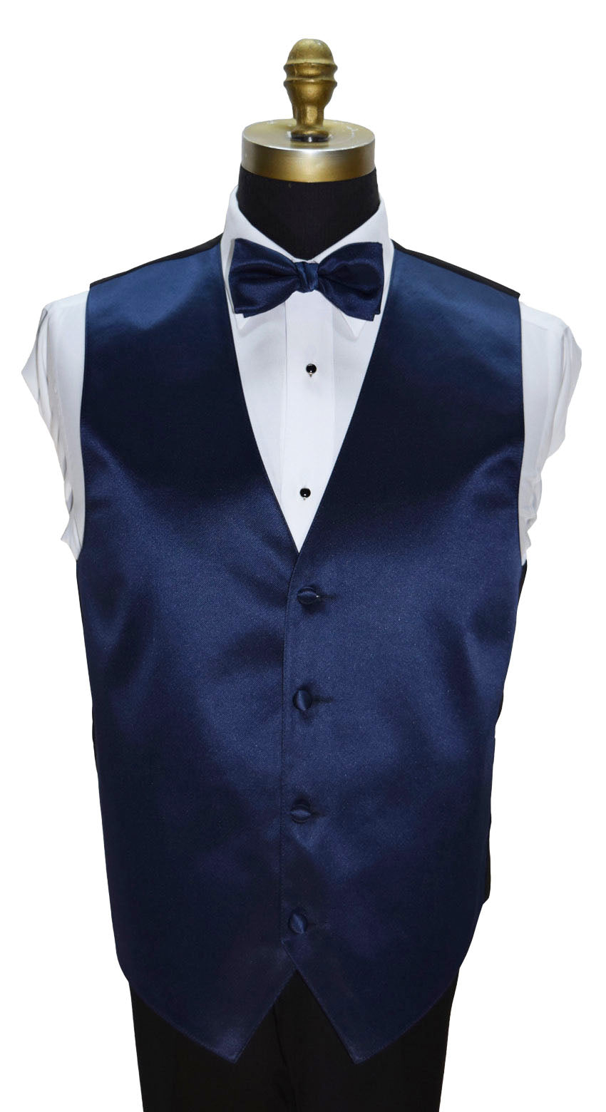 Marine blue vest with a marine-blue "pre-tied" bow tie on a mannequin against a white background