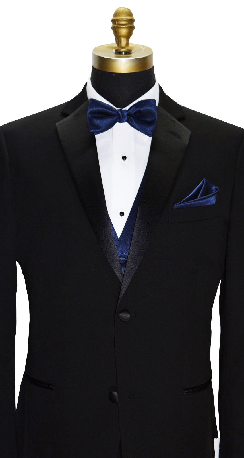 close-up black notch lapel tuxedo with a white tuxedo shirt and a marine-blue bowtie and marine-blue vest and pocket handkerchief against a white background