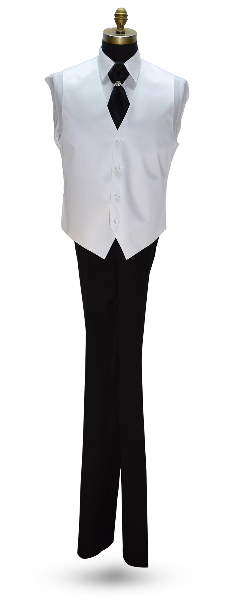 life size mannequin wearing a white dress shirt with a black ascot and a four-button white tuxedo vest against a white background